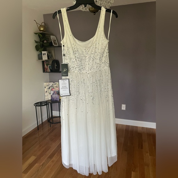 🌺 Adrianna Papell Beaded Shirred Mesh Dress With Sequins - Picture 4 of 9